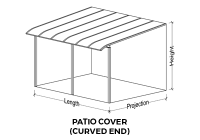 Drawing of a curved end patio cover showing which measurements are length, projection and height